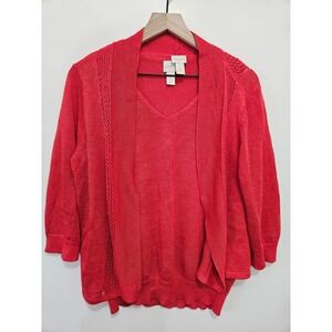 Chicos Red Twin Set Cardigan Tank Top 2 Piece Ramie Rayon Knit Size 2 L Large